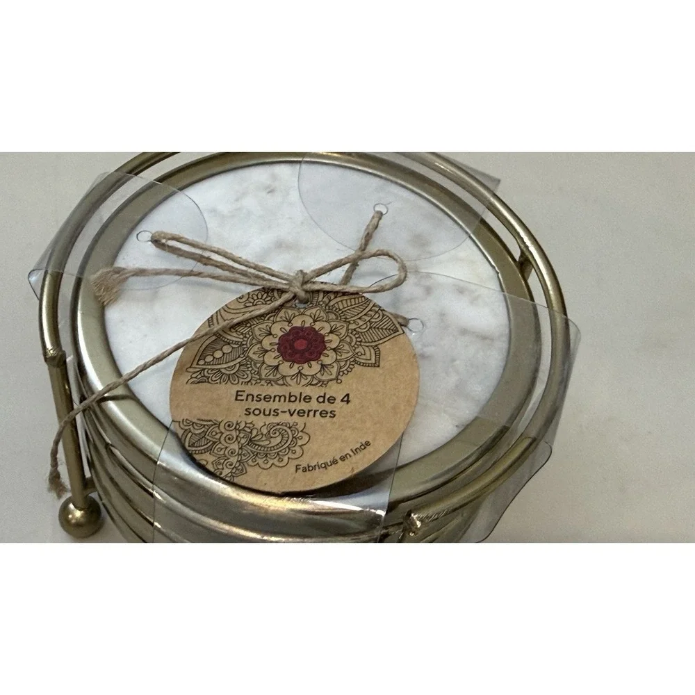 4 Piece White Marble Coaster Set with Gold Metal Holder NWT